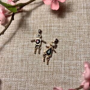 VINTAGE Gold Dangly Robot Necklace Pendants with Emerald and Ruby Crystals